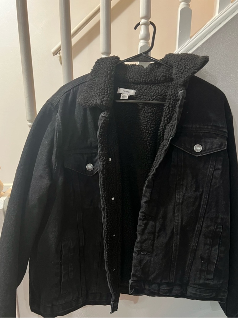 Forever 21 Black Sherpa-Lined Jean Jacket Women’s Plus